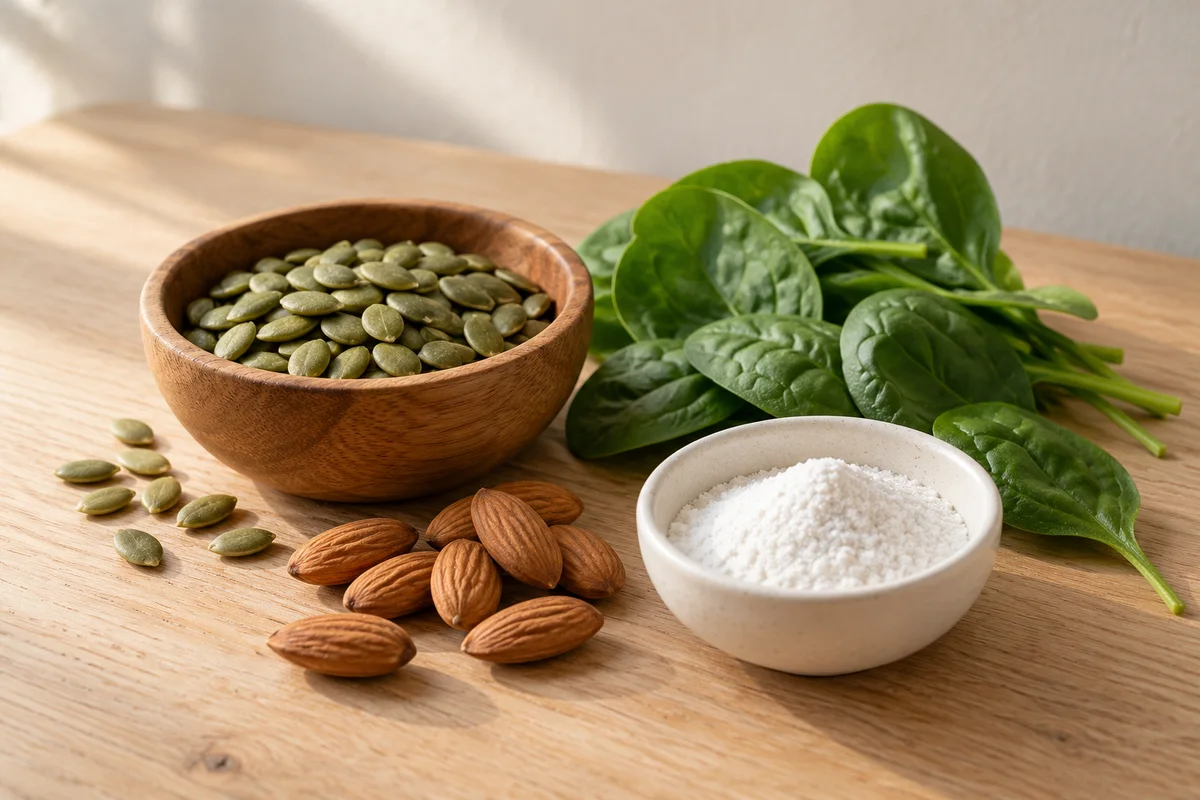 Pumpkin seeds, almonds and spinach leaves on an oak table beside a small dish of white powder