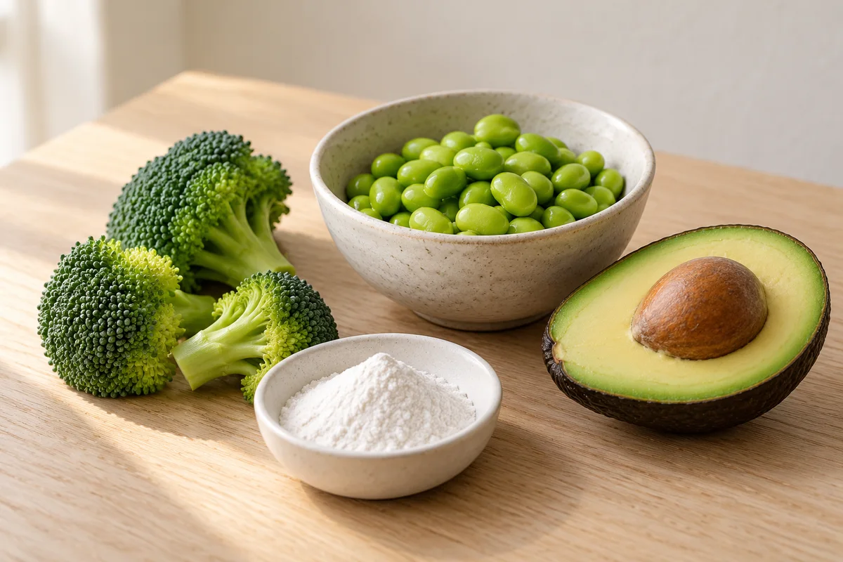 A small dish of white powder on an oak table beside broccoli, a bowl of edamame and half an avocado