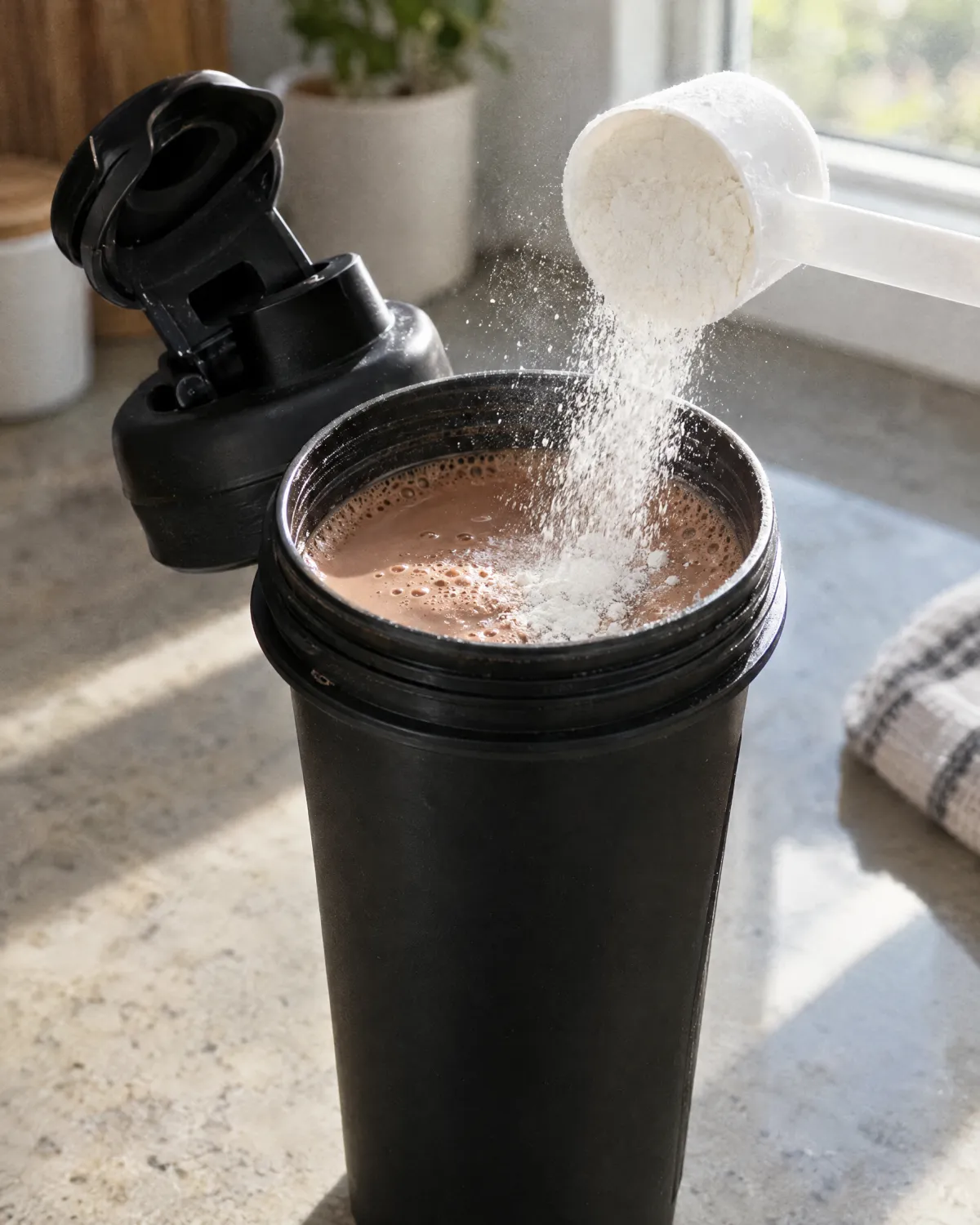 A scoop of white PowerFactors powder going into a chocolate protein shake