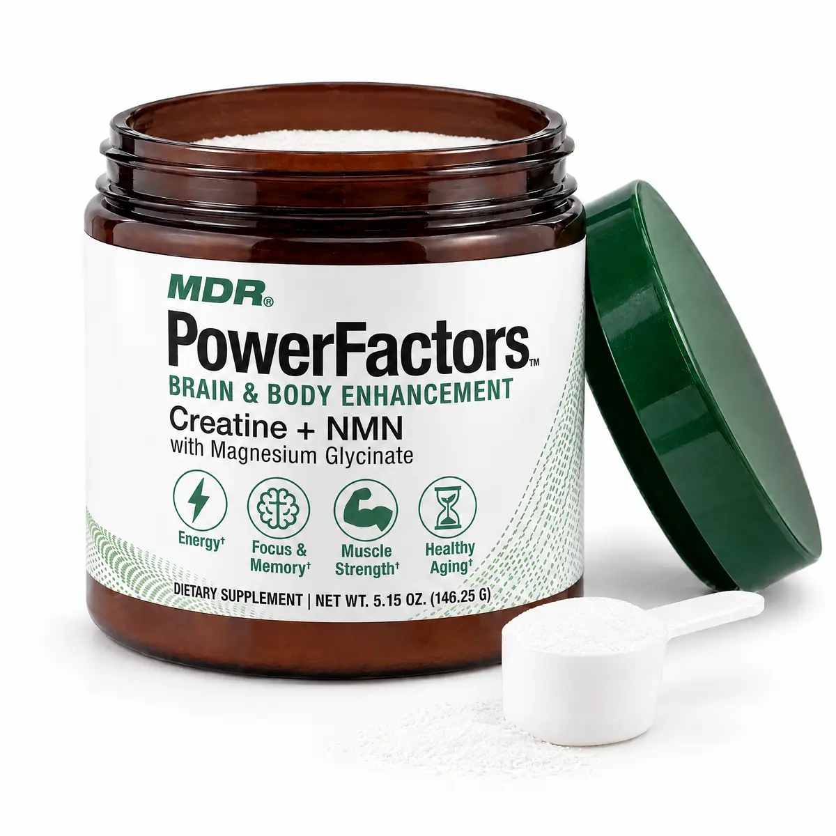 MDR PowerFactors open jar of white powder with scoop, Creatine + NMN with Magnesium Glycinate