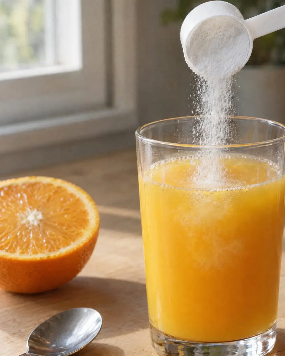 A scoop of PowerFactors powder pouring into a glass of orange juice