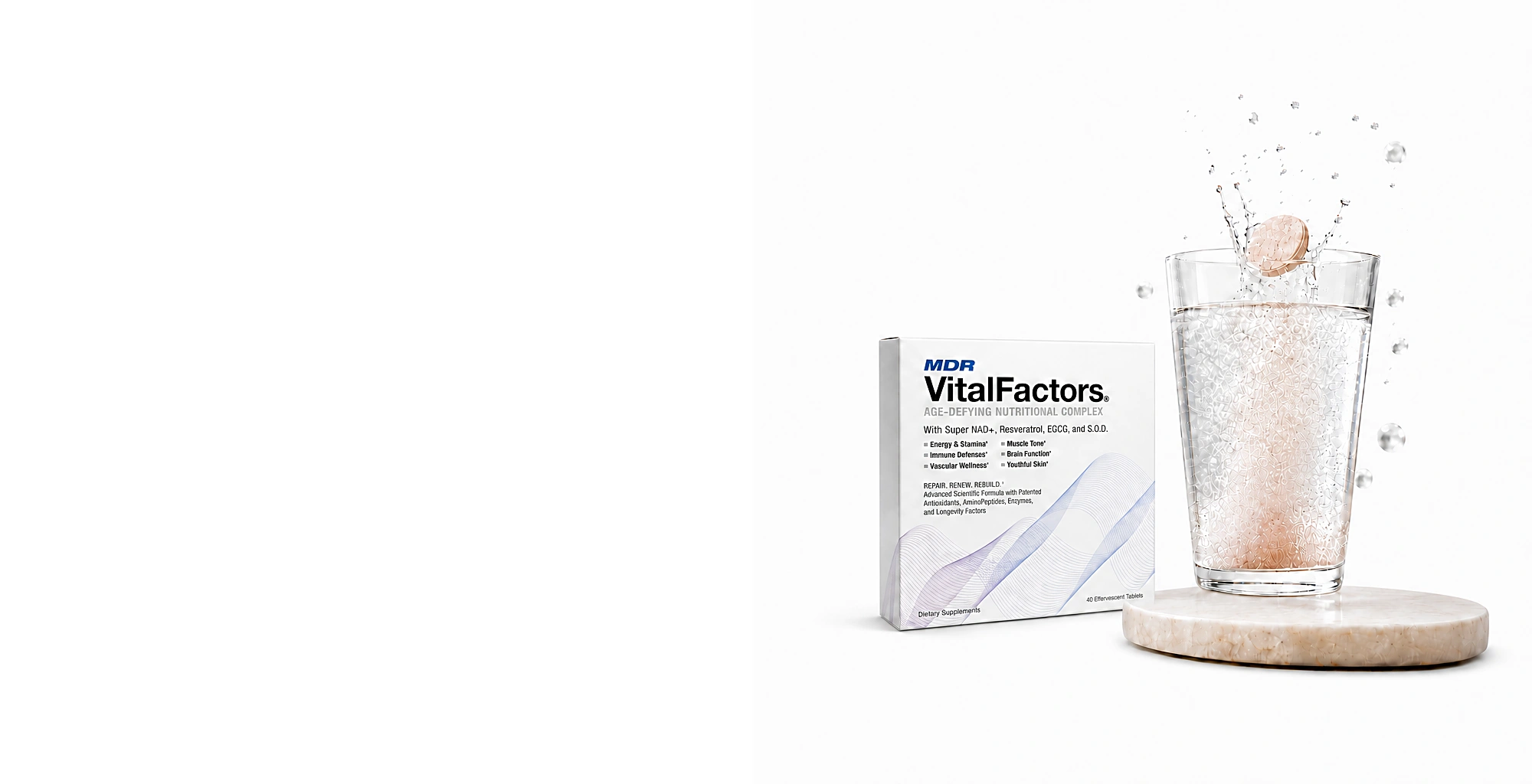 VitalFactors box beside a glass of fizzing water with an effervescent tablet splashing in